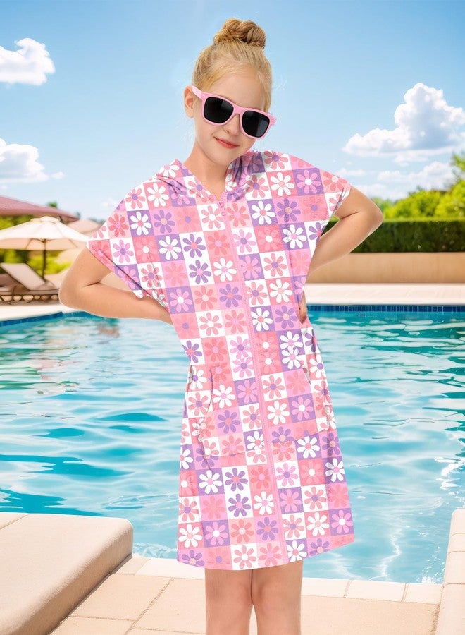 BesserBay Girl Boys Summer Hooded Short Sleeve Beach Towel Swim Terry Cloth Robe Bathing Suit Coverup Daisy Square Pink 4T - Image 2