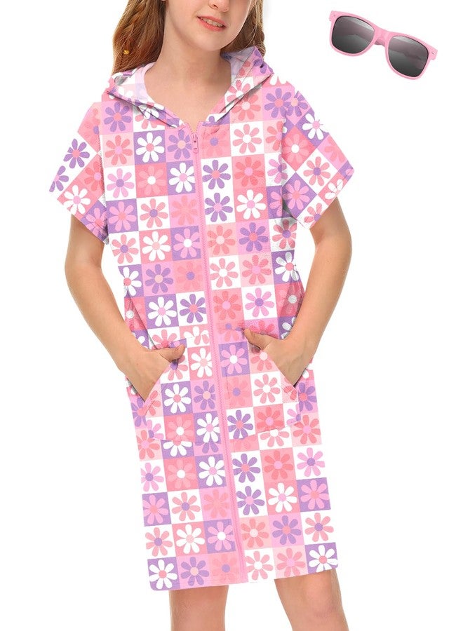 BesserBay Girl Boys Summer Hooded Short Sleeve Beach Towel Swim Terry Cloth Robe Bathing Suit Coverup Daisy Square Pink 4T - Image 1