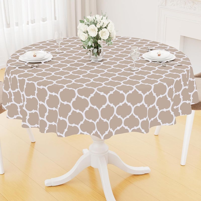 smiry Round Plastic Table Cloth, Waterproof Vinyl Tablecloth with Flannel Backing for Round Tables, Wipeable Spillproof Tablecloths for Dining, Camping, Indoor and Outdoor (60" Round, Khaki) - Image 1