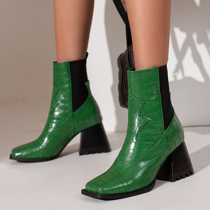 Dropshopping2022 Fashion High Heel Women'S Shoes 40-48 Square Head Snake Pattern Low Tube Chelsea Boots - Image 2