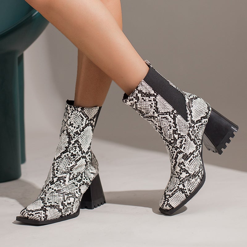 Dropshopping2022 Fashion High Heel Women'S Shoes 40-48 Square Head Snake Pattern Low Tube Chelsea Boots - Image 3