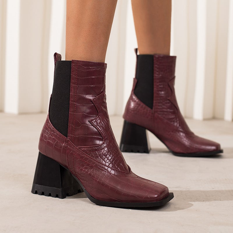 Dropshopping2022 Fashion High Heel Women'S Shoes 40-48 Square Head Snake Pattern Low Tube Chelsea Boots - Image 1