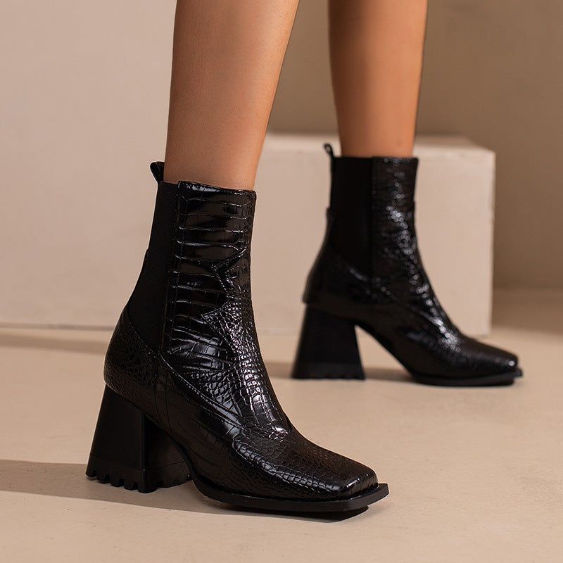 Dropshopping2022 Fashion High Heel Women'S Shoes 40-48 Square Head Snake Pattern Low Tube Chelsea Boots - Image 4