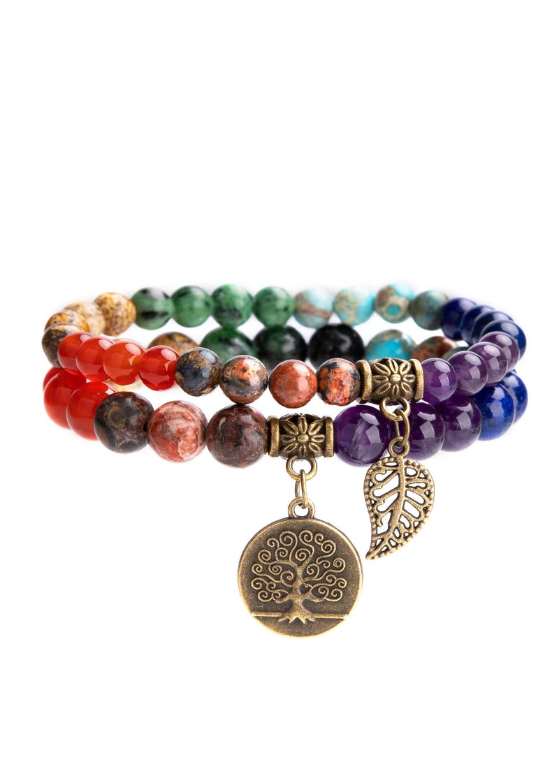 SYOSI Gemstone Beaded Bracelets for Men Women 6mm and 8mm Round Beads Bracelets Set Tree of Life and Leaf Charm Crystal Stretch Bracelets Unisex Natural Crystal Stretch Bracelets Set - Image 1