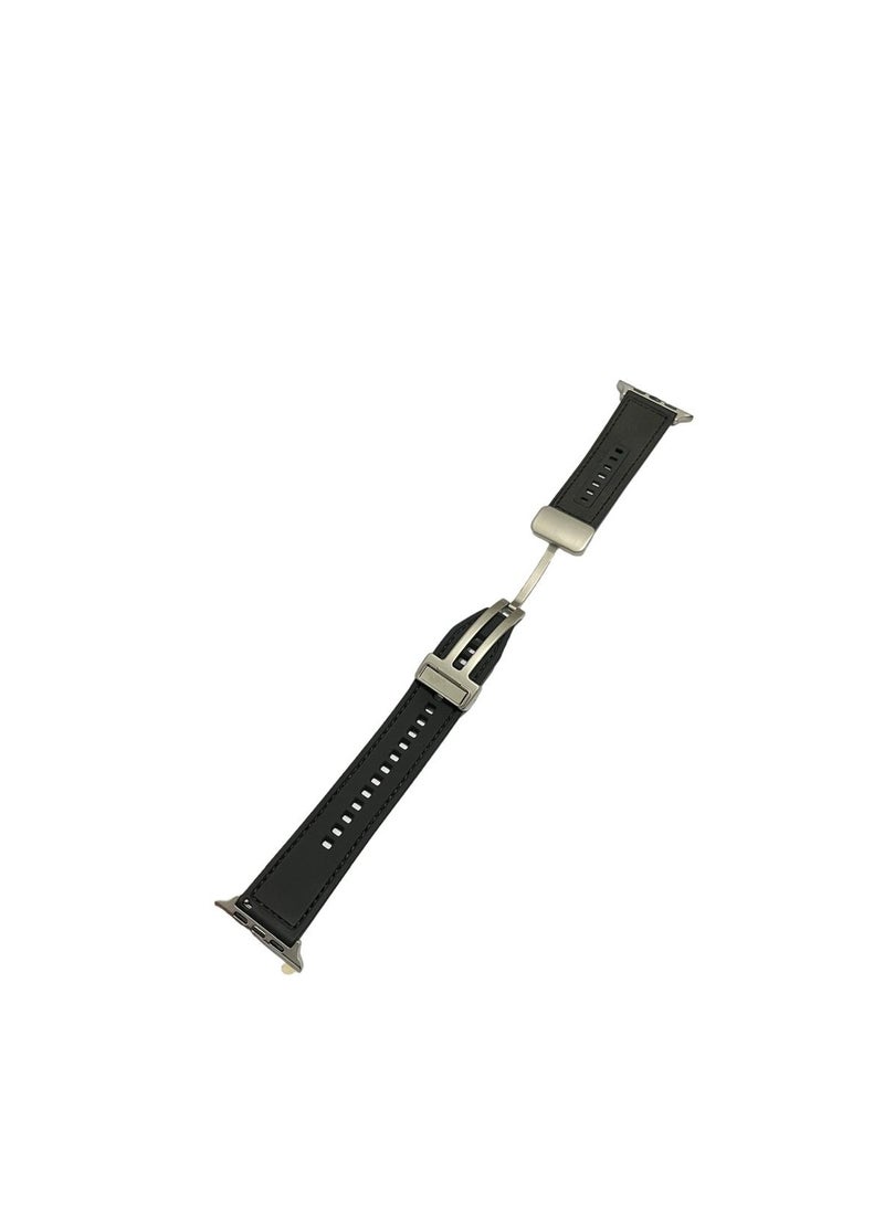 ووتش سوار جلدي متوافق مع ساعة ابل الترا 49 ملم 45 ملم 44 ملم 42 ملم، سوار من الجلد الطبيعي بتصميم مشبك مغناطيسي لساعة اي ووتش الترا اس اي 2 سلسلة 8 7 6 5 4 3 2 1 للرجال والنساء  اسود - Image 2