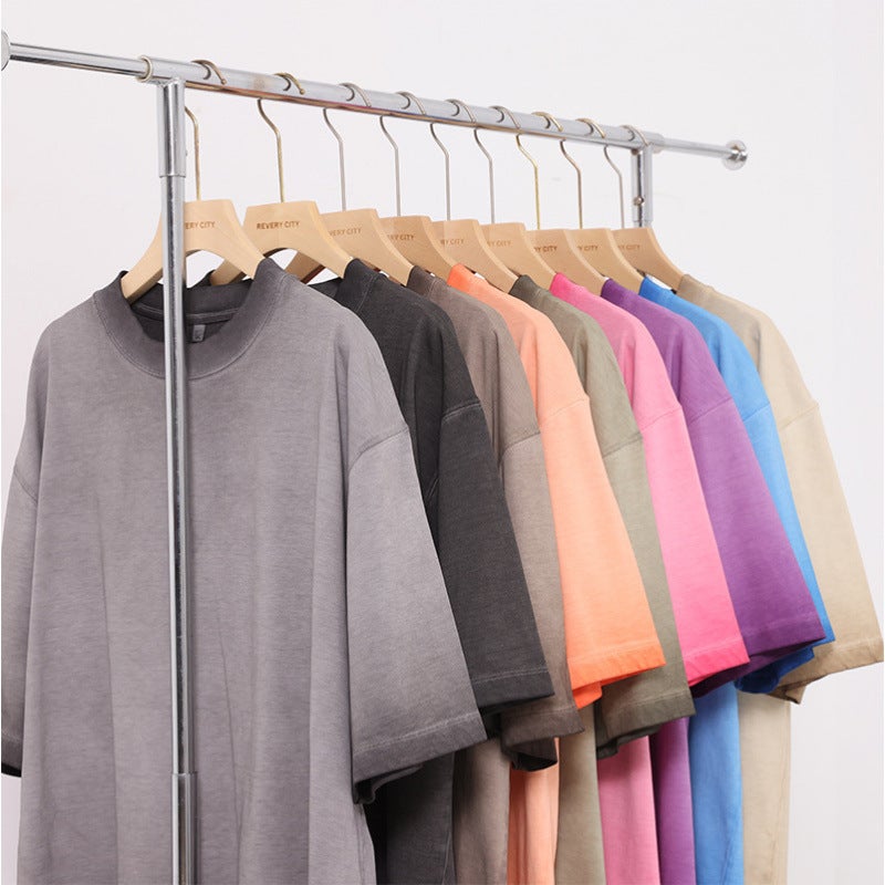 Retro Washed Gradient T-Shirt Trendy Brand Pure Cotton Round Neck Distressed Loose Oversize T Short-Sleeved - Image 4