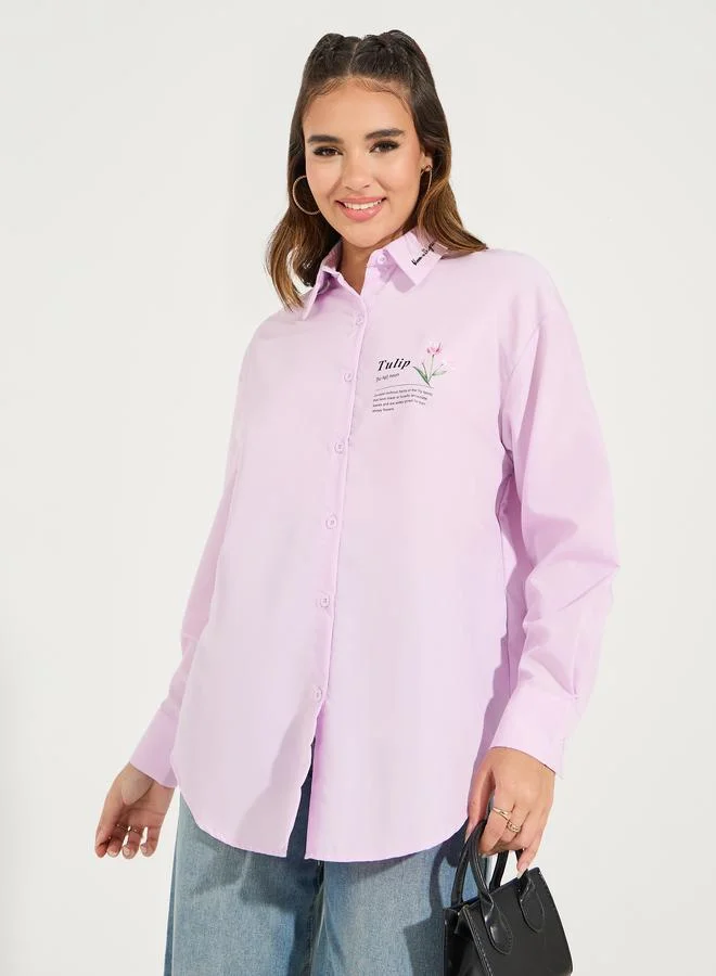 Styli Oversized Embroidery Detail Button Down Shirt