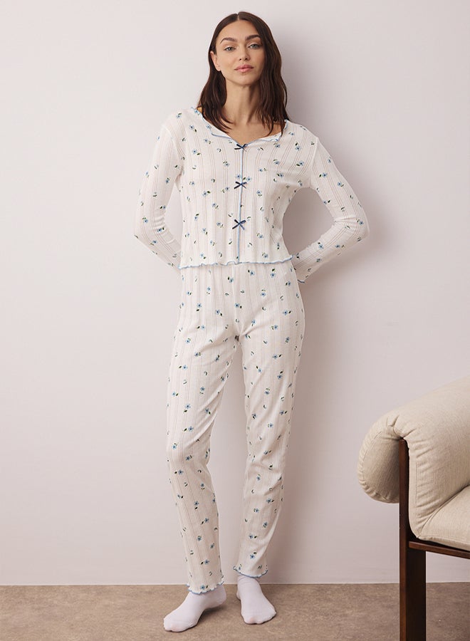 trendyol White-Blue 100% Cotton Floral Ribbon/Bow Ribbed/Pointel Knitted Pajamas Set - Image 2