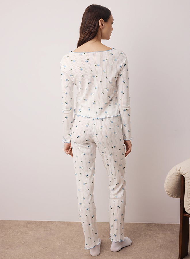 trendyol White-Blue 100% Cotton Floral Ribbon/Bow Ribbed/Pointel Knitted Pajamas Set - Image 4