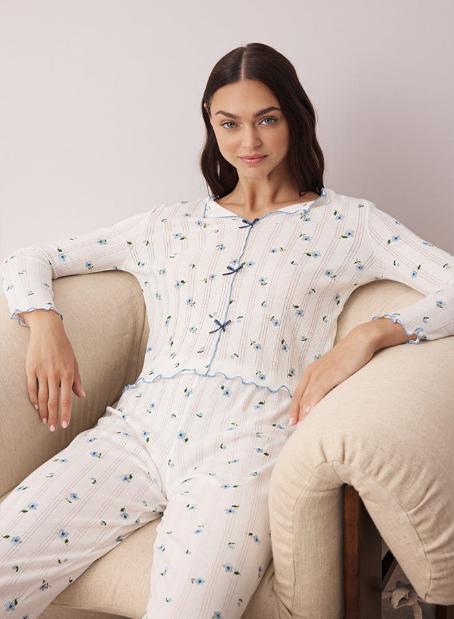 trendyol White-Blue 100% Cotton Floral Ribbon/Bow Ribbed/Pointel Knitted Pajamas Set - Image 1