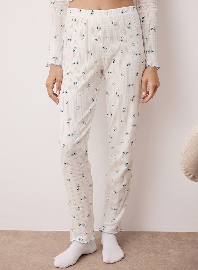 trendyol White-Blue 100% Cotton Floral Ribbon/Bow Ribbed/Pointel Knitted Pajamas Set - Image 3