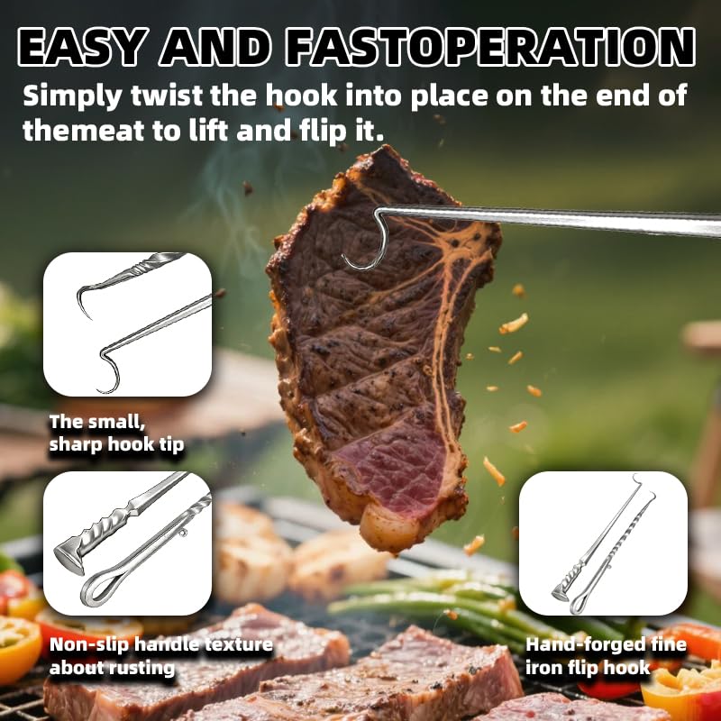 Kyntria Meat Hook Flipper, BBQ Turner Hooks, Stainless Steel Pig Tail Meat Flippers, Flip Cooking Hooks for Grilling, Smoking, and Frying (Right Hand A) - Image 5