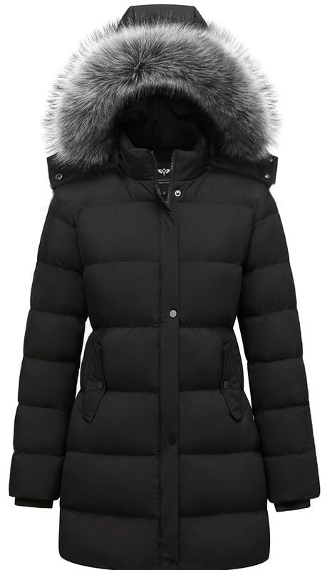 GGleaf Women's Puffer Jacket Winter Hooded Coat Down Alternative Long Parka with Faux Fur Hood Black Small - Image 3