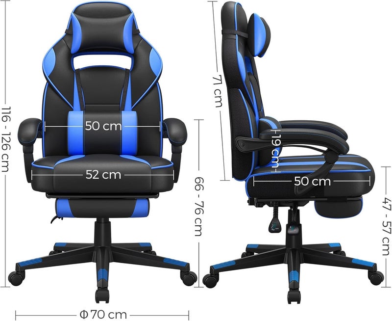 Gamer Chair, Gaming Chair, Adjustable Office Chair with Telescopic Footrest, Ergonomic Headrest, Lumbar Support, Load 150 kg, Black and Blue OBG073B04 - Image 3