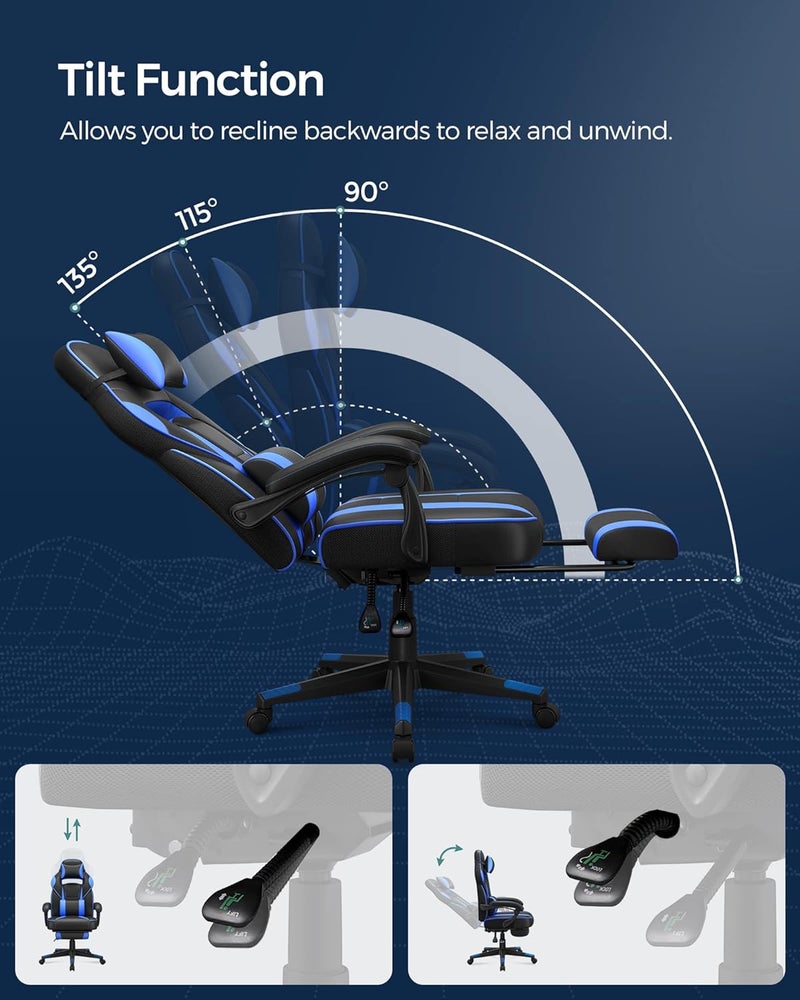 Gamer Chair, Gaming Chair, Adjustable Office Chair with Telescopic Footrest, Ergonomic Headrest, Lumbar Support, Load 150 kg, Black and Blue OBG073B04 - Image 5