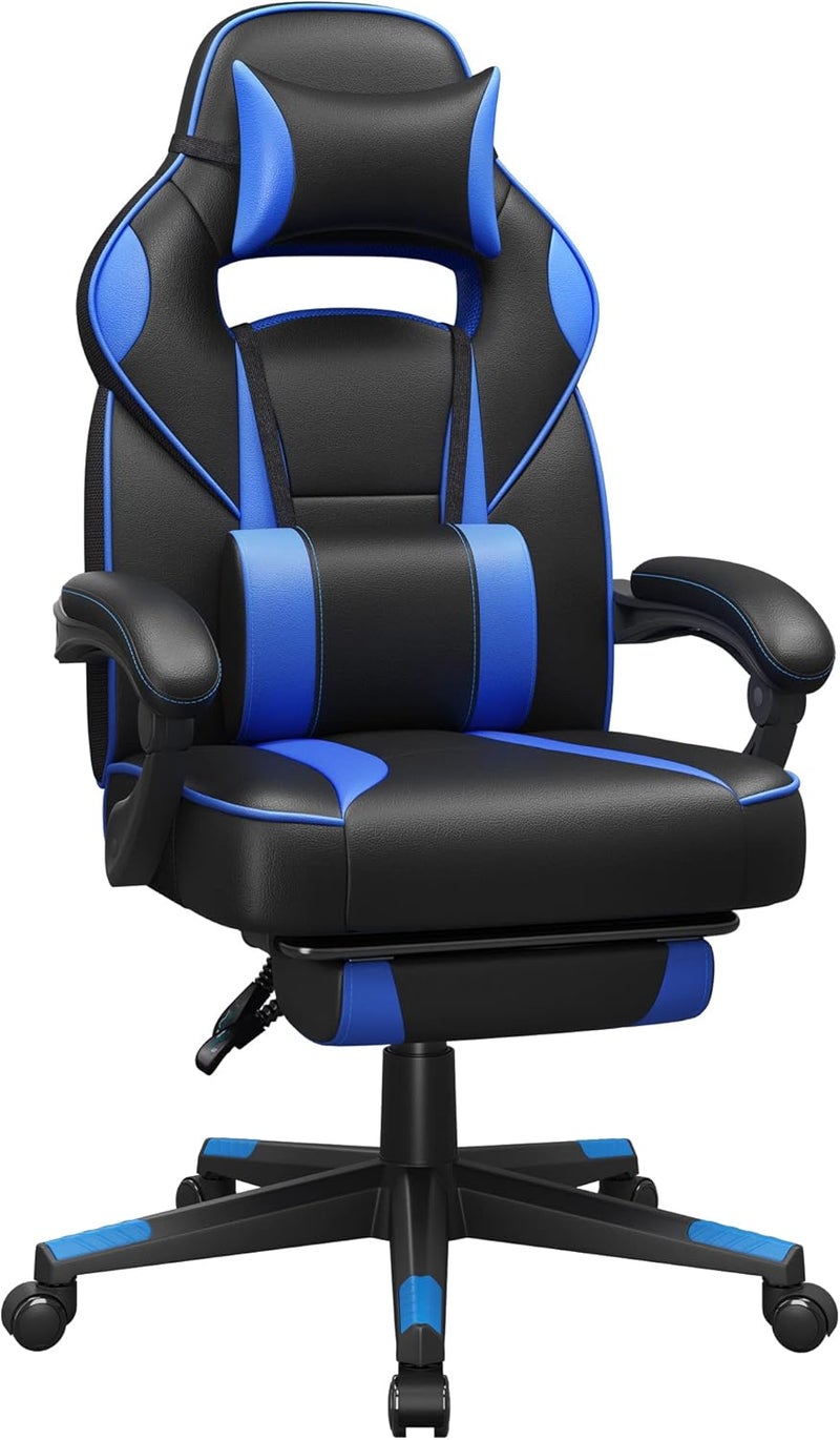 Gamer Chair, Gaming Chair, Adjustable Office Chair with Telescopic Footrest, Ergonomic Headrest, Lumbar Support, Load 150 kg, Black and Blue OBG073B04 - Image 1