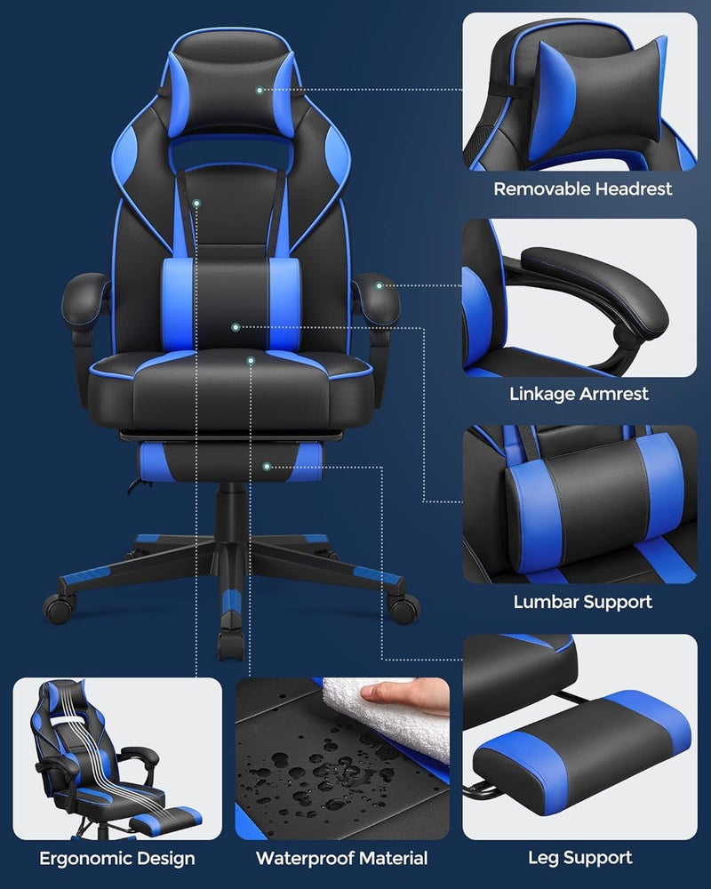 Gamer Chair, Gaming Chair, Adjustable Office Chair with Telescopic Footrest, Ergonomic Headrest, Lumbar Support, Load 150 kg, Black and Blue OBG073B04 - Image 4