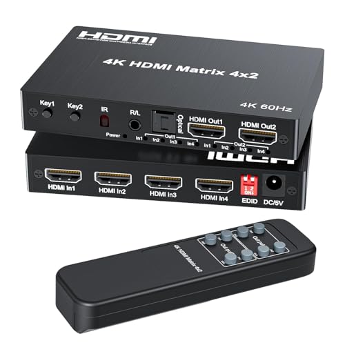 Etzin 4K 60Hz HDMI Matrix Switcher 4x2 2x4 HDMI Switcher Splitter 4 in 2 Out with Optical + 3.5mm Audio Out Extractor with IR Remote EPL-939H - Image 1