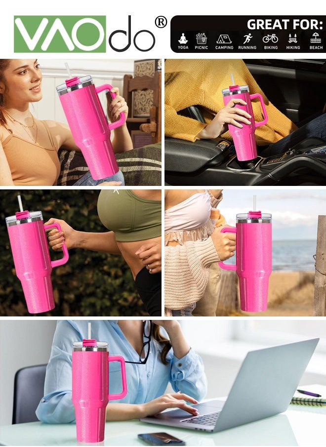 VAOdo - 40 oz Tumbler with Handle and Straw Lid Reusable Stainless Steel Water Bottle Travel Mug Cupholder Friendly Insulated Cup Holiday Gifts for Women Men Him Her rose Red 1100ML - Image 1
