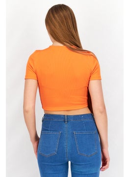 Sinsay Women V Neck Short Sleeve Cut Out Detail Tops, Orange  - Image 2
