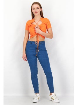Sinsay Women V Neck Short Sleeve Cut Out Detail Tops, Orange  - Image 4