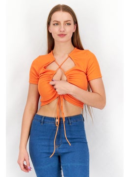 Sinsay Women V Neck Short Sleeve Cut Out Detail Tops, Orange  - Image 1