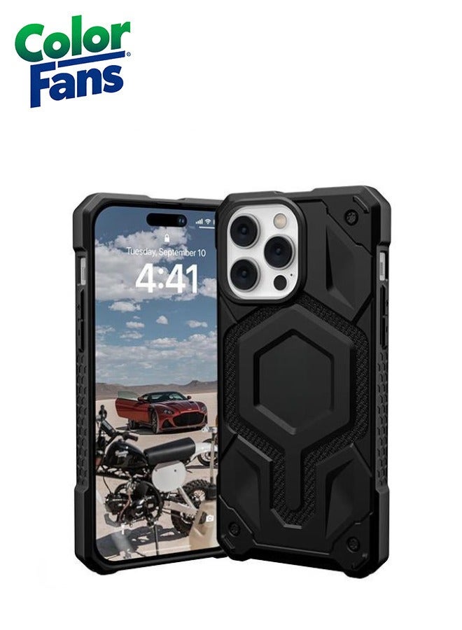 Color Fans Apple iPhone 14 Pro Max Case Kelvar 6.7" Monarch Pro Build-in Magnet Compatible with Magnet Charging Rugged Shockproof Dropproof Premium Protective Cover - Black - Image 1