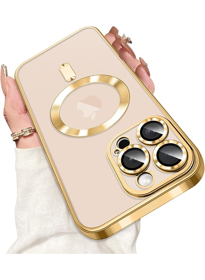 YJS iPhone 16 Pro Max Case with Gold Titanium, Camera Lens Protection, Compatible with MagSafe, Diamond Clear Stylish - Image 1