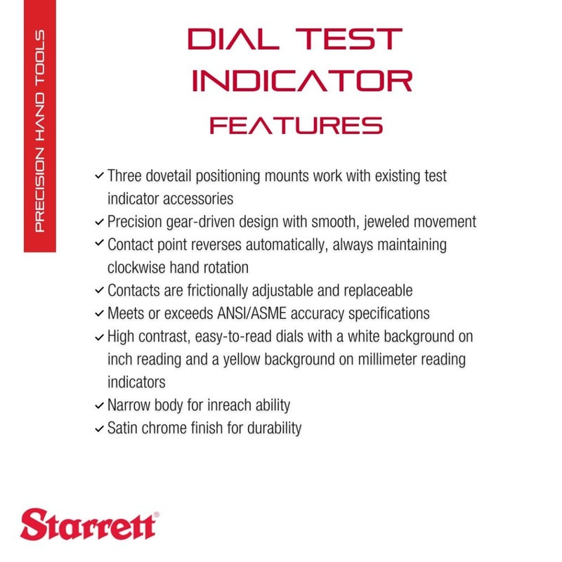 Starrett Dial Test Indicator with Dovetail Mount Accessories and Case  114 White Dial Face 030 Range 0150 Dial Reading 0001 Graduations  3809AC - Image 2