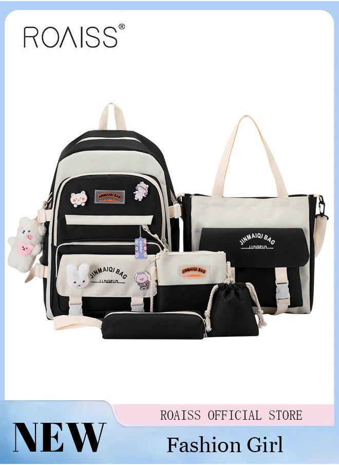 roaiss 5 PCS Set of Backpack Fashion Kid New Backpack Girls Junior High School Student Bag Children's Large Capacity Middle Primary Schoolbag with Pendant Lunch Bag Pencil Case Handbag Coin Purse for Teenagers  - Image 1