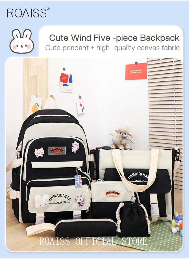 roaiss 5 PCS Set of Backpack Fashion Kid New Backpack Girls Junior High School Student Bag Children's Large Capacity Middle Primary Schoolbag with Pendant Lunch Bag Pencil Case Handbag Coin Purse for Teenagers  - Image 4