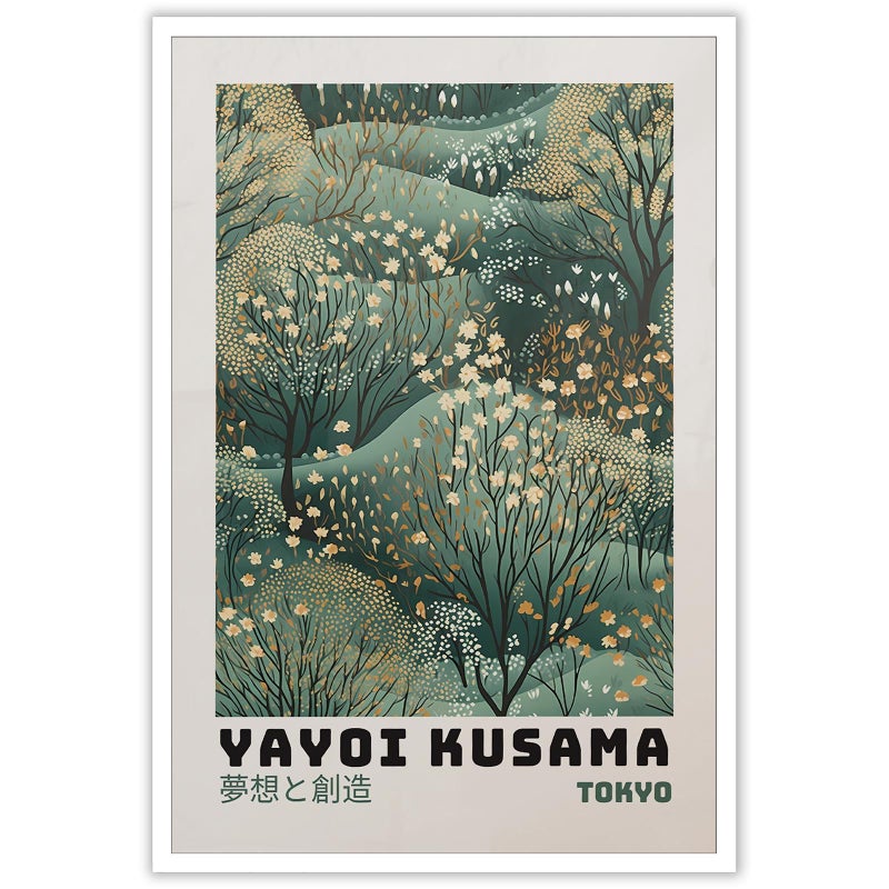 HOME TROVE  Retro Yayoi Kusama Poster Kusama Inspired Prints Painting Green Abstract Wall Art Japanese Wall Art Modern Gallery Exhibition Wall Decor Home Wall Decor 12x16in Unframed - Image 1