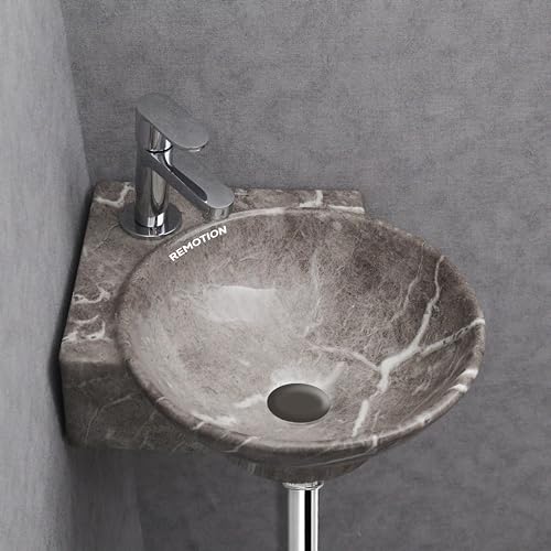 REMOTION Wall Mounted Wash Basin for Bathroom | Ceramic Wash Basin | Wall Hung Small Corner Wash Basin/Sink (16.3 x 13.8 x 4.3 Inch) (Designer Grey) - Image 1