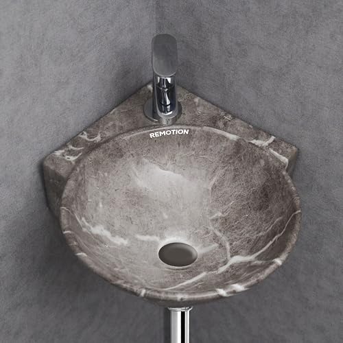 REMOTION Wall Mounted Wash Basin for Bathroom | Ceramic Wash Basin | Wall Hung Small Corner Wash Basin/Sink (16.3 x 13.8 x 4.3 Inch) (Designer Grey) - Image 3