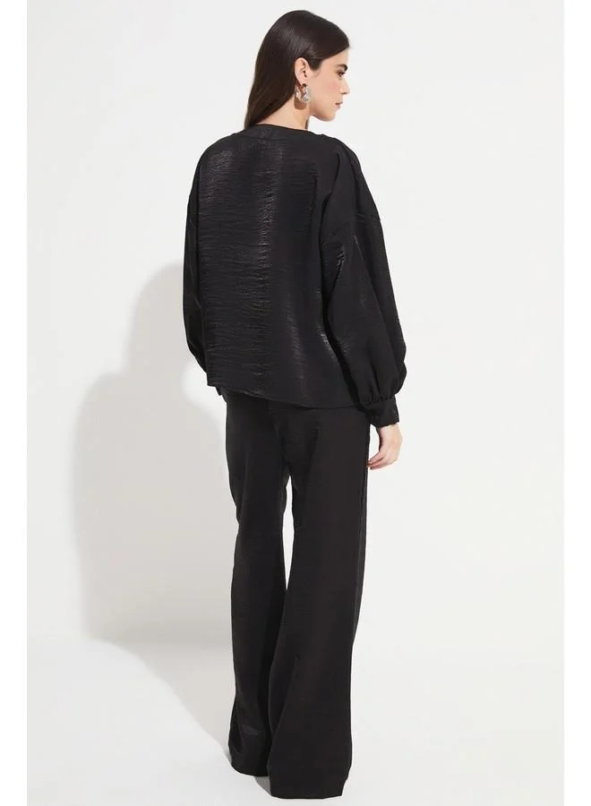JUNE June Women Viscose Blend V-Neck Blouse Trouser Woven Set Black