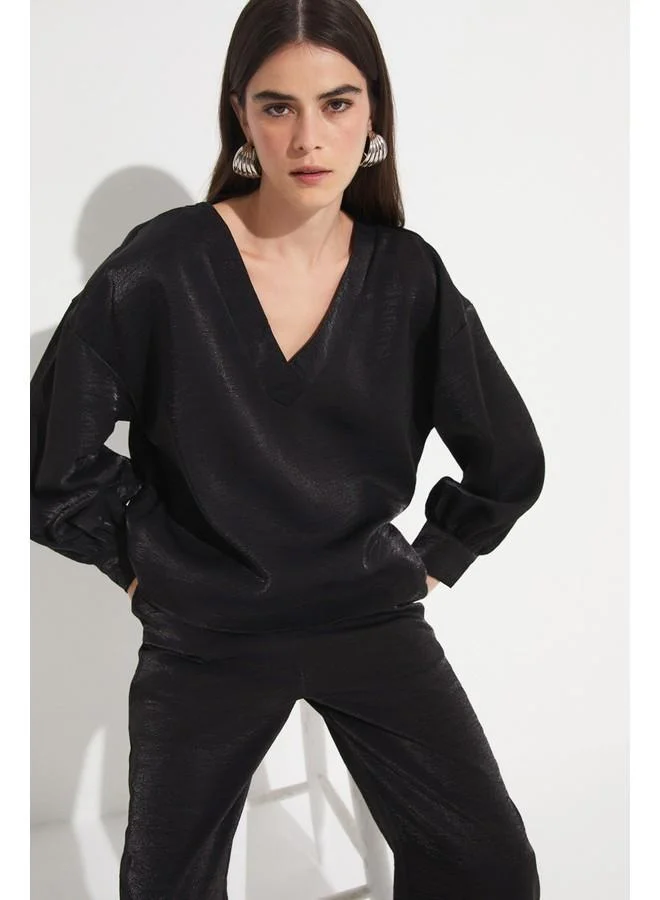 JUNE June Women Viscose Blend V-Neck Blouse Trouser Woven Set Black