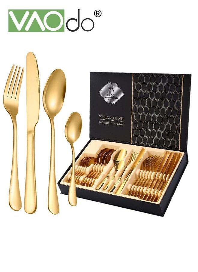 VAOdo 24 PCS Silverware Set Service for 6 Premium Stainless Steel Flatware Set Mirror Polished Cutlery Utensil Set Durable Home Kitchen Eating Tableware Set Include Fork Knife Spoon Set Dishwasher Safe Gold  - Image 1