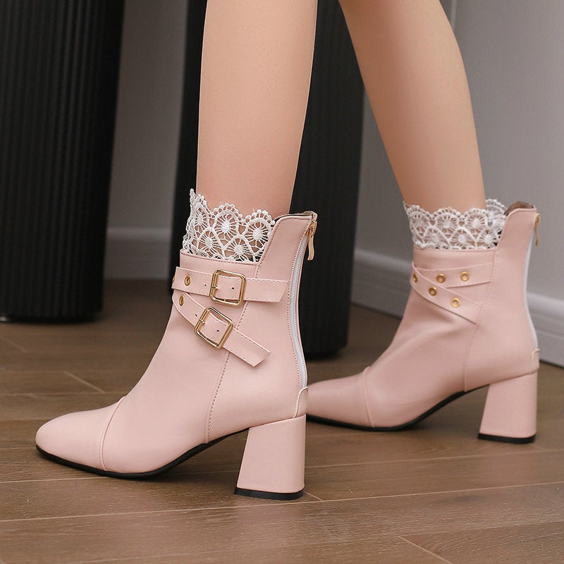 Fall/Winter Square Toe Lace Belt Buckle Martin Boots 40-43 High Heel Back Zip Ankle Boots - Image 5