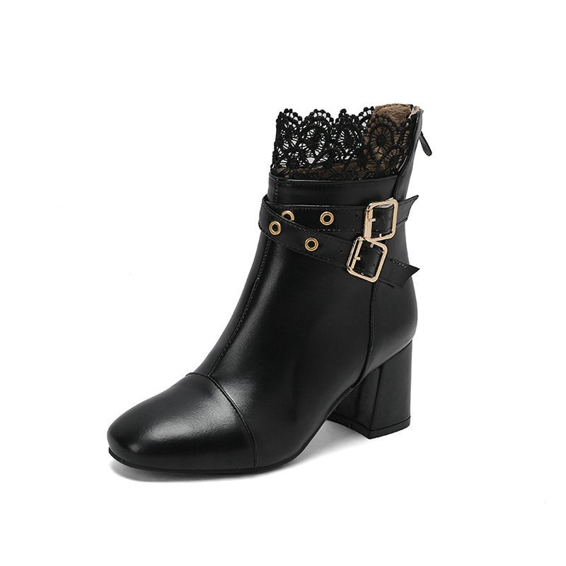 Fall/Winter Square Toe Lace Belt Buckle Martin Boots 40-43 High Heel Back Zip Ankle Boots - Image 1