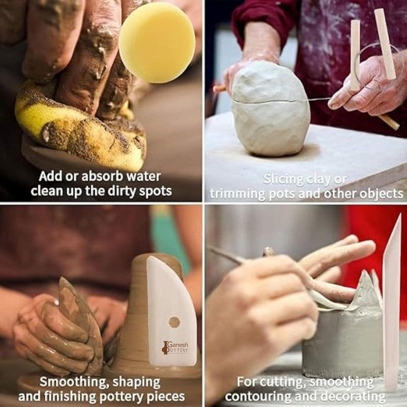 Ganesh Pottery 8 Pcs Wooden Pottery Tool Kit for Sculpting Clay Cleaning Includes Sponge Clay Cutting Modeling Trimming Tools, Beige - Image 5