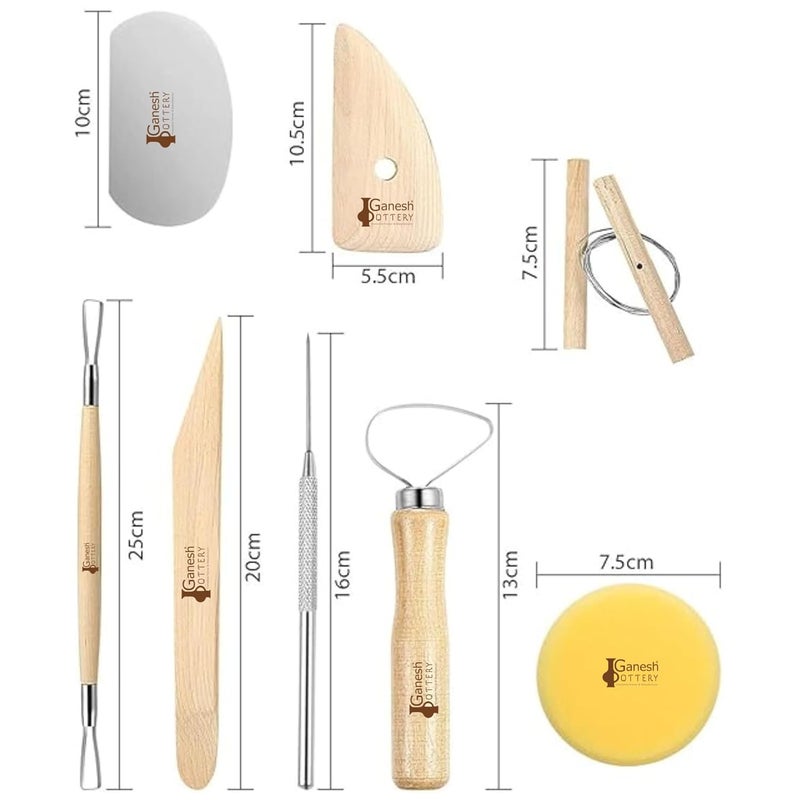 Ganesh Pottery 8 Pcs Wooden Pottery Tool Kit for Sculpting Clay Cleaning Includes Sponge Clay Cutting Modeling Trimming Tools, Beige - Image 2