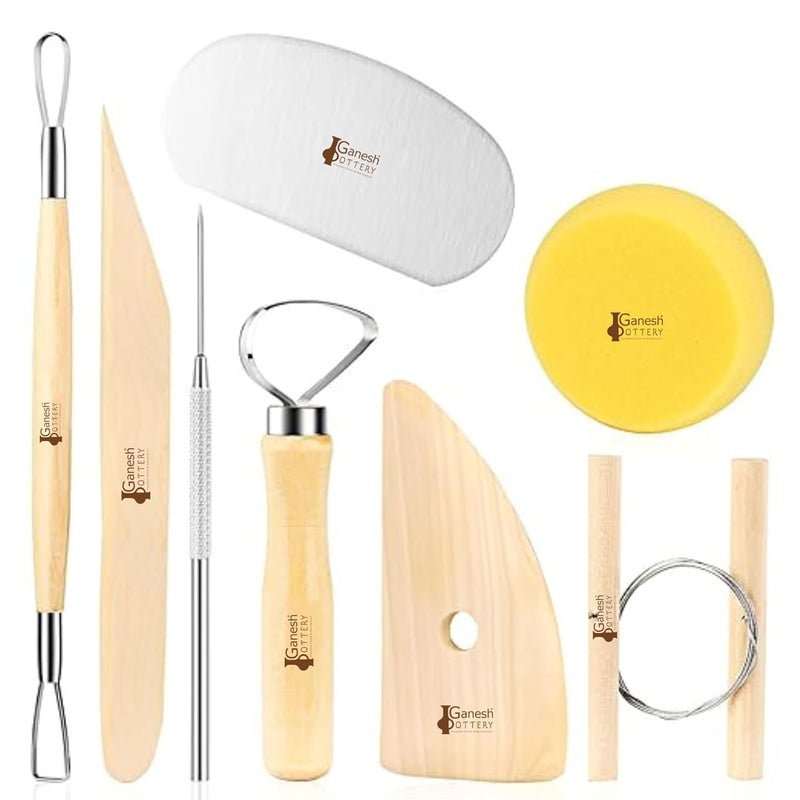 Ganesh Pottery 8 Pcs Wooden Pottery Tool Kit for Sculpting Clay Cleaning Includes Sponge Clay Cutting Modeling Trimming Tools, Beige - Image 1