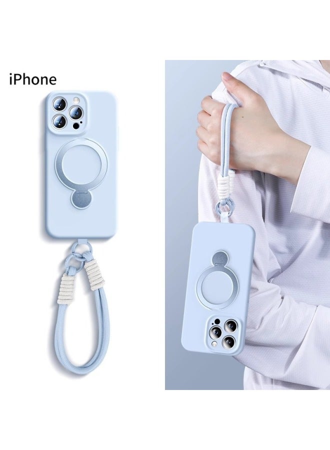 2025 Liquid Silicone For Iphone 16promax Mobile Phone Case Magnetic Belt Bracket For Iphone16 Pro Max  Color:Antique White + Short Lanyard-Applicable Models:For Iphone 16 Pro Max - Image 2