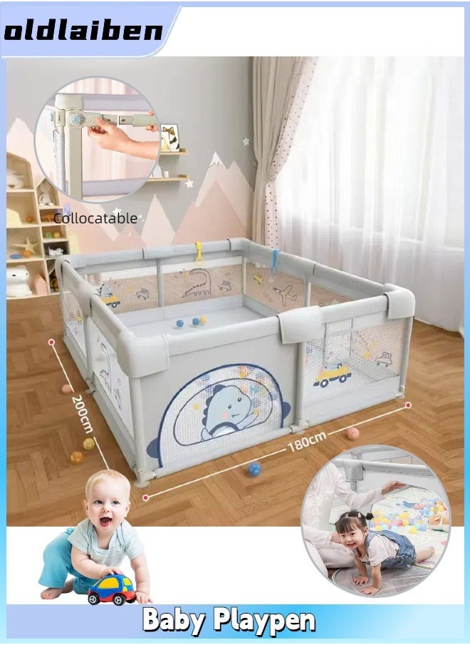 oldlaiben Baby Playpen, Protective Fence, Home Children's Mesh Toddler Fence, Baby Crawling Mat, Infant Indoor And Outdoor Kids Activity Center, Fun Activities, 180*200CM（Grey）  - Image 1