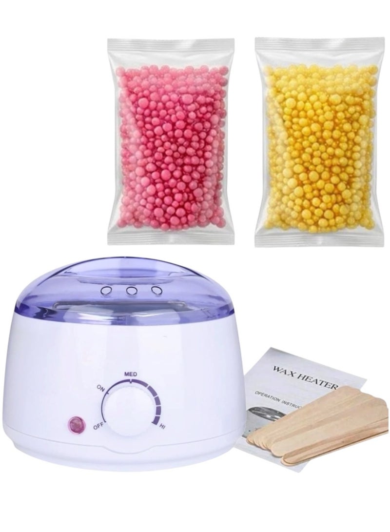 Electric Hair Removal Wax Heater (Multicolour) with Hair Removal Hot Wax 2pags and 10 Wooden Sticks (No Waxing Paper Needed)