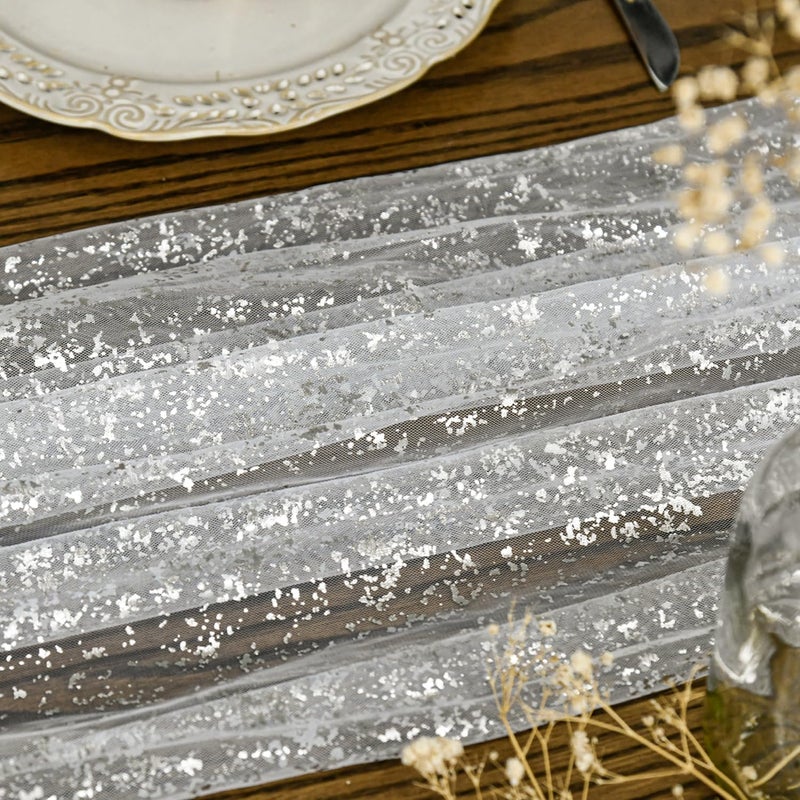 Artoid Mode White Silver Gauze Table Runner 120 Inch 10FT, Glitter Metallic Foil Sheer Dining Holiday Wedding Anniversary Birthday Table Decor for Home Party - Image 3