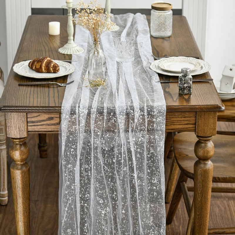 Artoid Mode White Silver Gauze Table Runner 120 Inch 10FT, Glitter Metallic Foil Sheer Dining Holiday Wedding Anniversary Birthday Table Decor for Home Party - Image 4