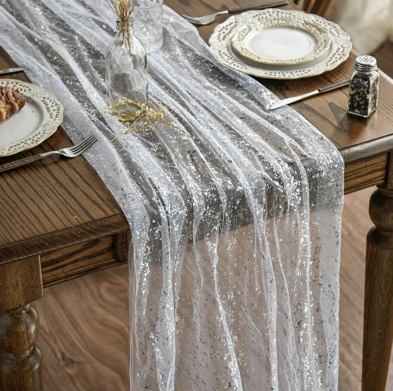 Artoid Mode White Silver Gauze Table Runner 120 Inch 10FT, Glitter Metallic Foil Sheer Dining Holiday Wedding Anniversary Birthday Table Decor for Home Party - Image 1