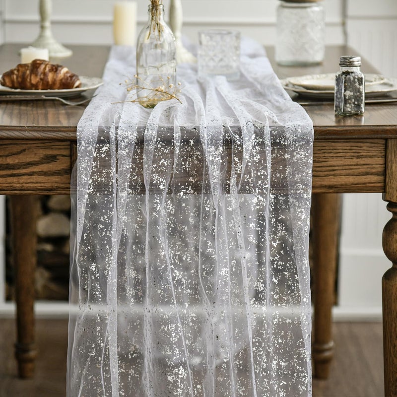Artoid Mode White Silver Gauze Table Runner 120 Inch 10FT, Glitter Metallic Foil Sheer Dining Holiday Wedding Anniversary Birthday Table Decor for Home Party - Image 2