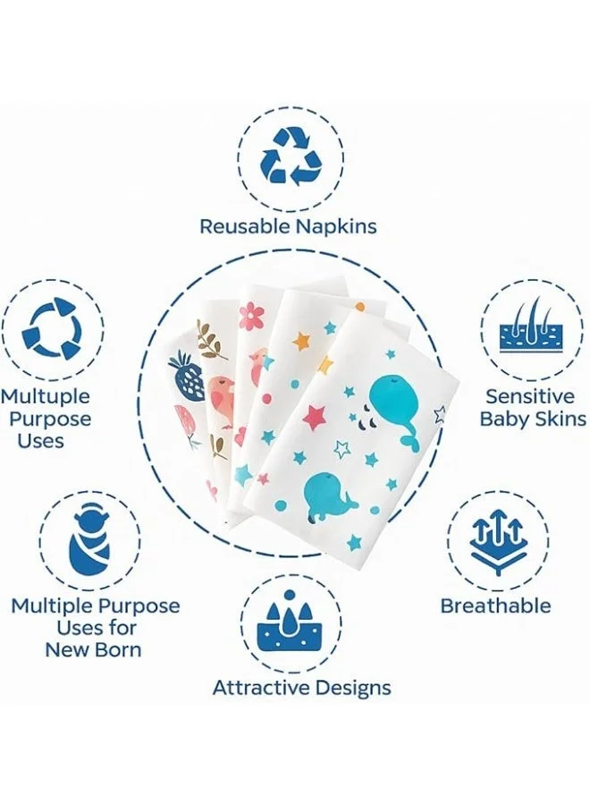 تامي مناديل غسل أطفال موسلين ناعمة من TUMMY – مناشف وجه قطن 100٪ لحديثي الولادة والرضع والأطفال الصغار | لطيفة، عالية الامتصاص وقابلة لإعادة الاستخدام (مجموعة من 5 قطع، تصاميم متعددة)